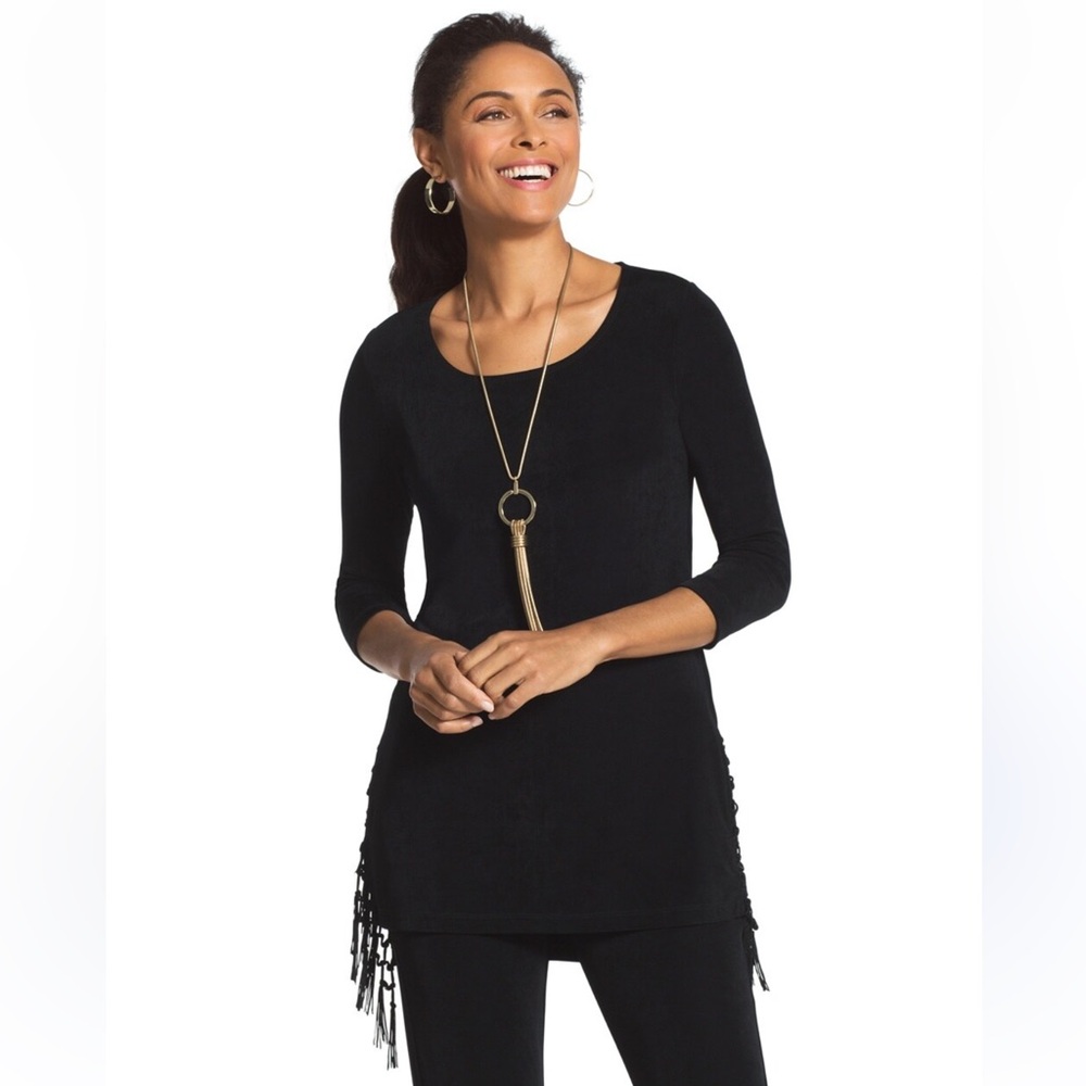 Travelers by Chicos Classic Fringe Top Blouse 3/4 Sleeves Black Size 1 (8-10/ M)
